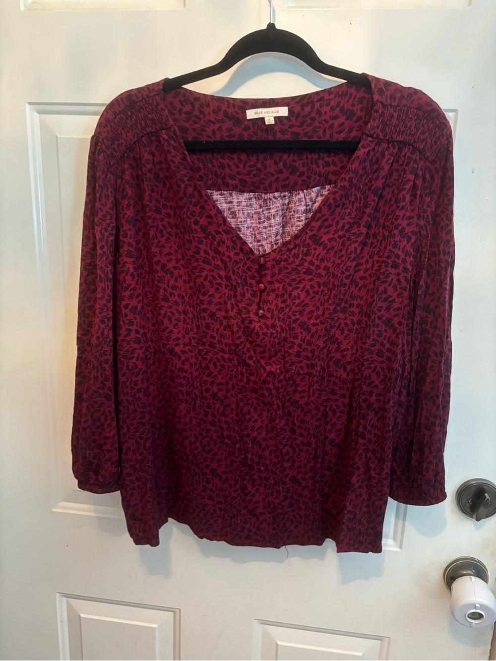 Skies Are Blue Burgundy Printed V-Neck Blouse